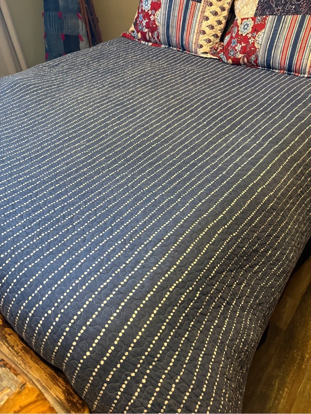 Navy and White Patchwork Quilted Reversible Bedspread - Full/Queen